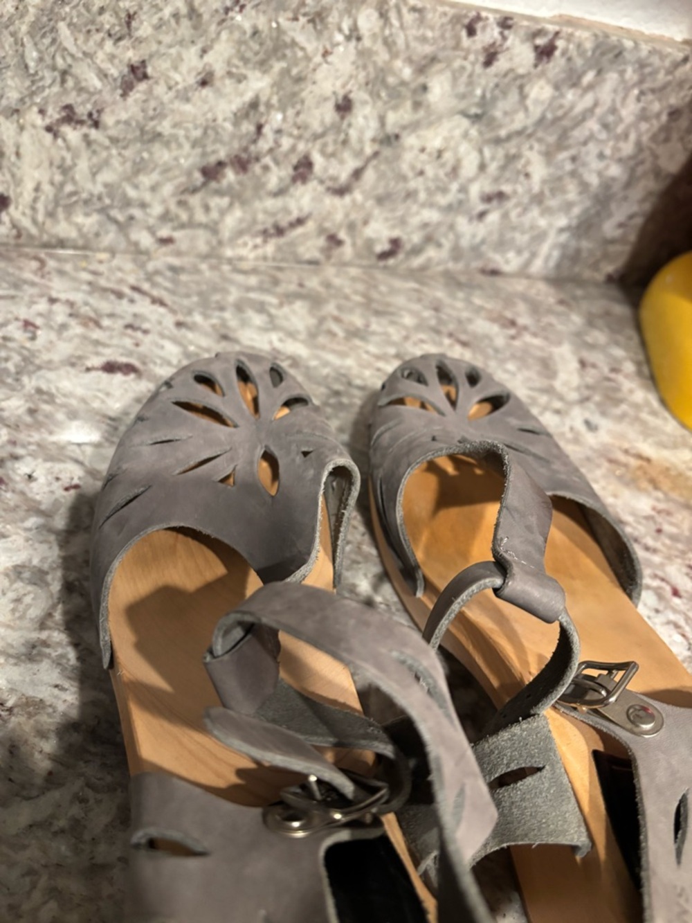 Swedish Hasbeens Grey Suede Cutout Ankle-Strap Clogs - Picture 9 of 11